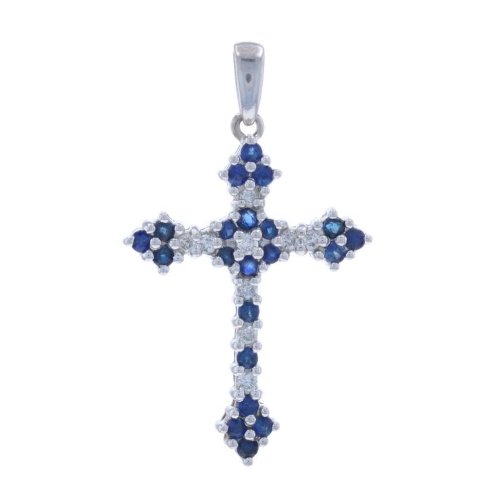 White Gold Blue Sapphire Diamond Cross Pendant - 14k Round .71ctw Faith